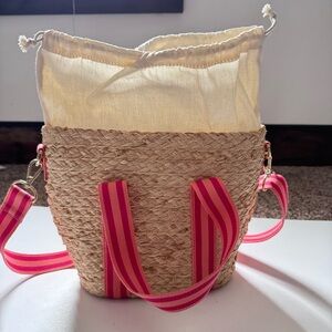 J.Crew Raffia Straw Mini Tote Cantaloupe Pink Stripe Crossbody Beach Bag